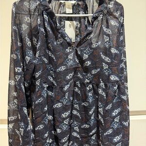 H&M Navy Paisley Sheer Blouse